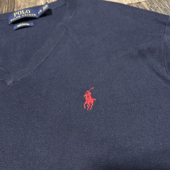 Polo Ralph Lauren Sweater Mens Size L Navy Pima Cotton V Neck Pullover Red Pony - Picture 2 of 6